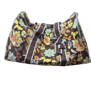 Belvah Brown and Blue Floral Printed Fabric Duffle Bag
